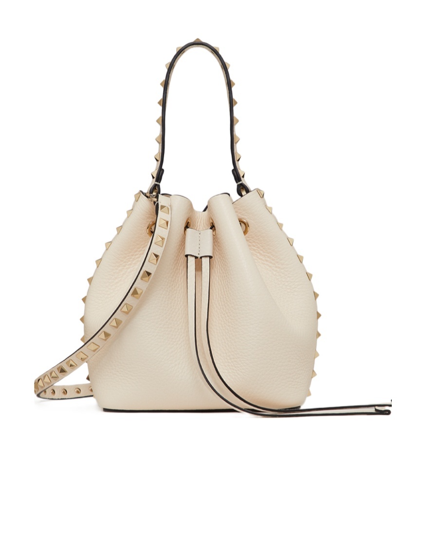 Shop Valentino Rockstud Grainy Calfskin Bucket Bag In Nude