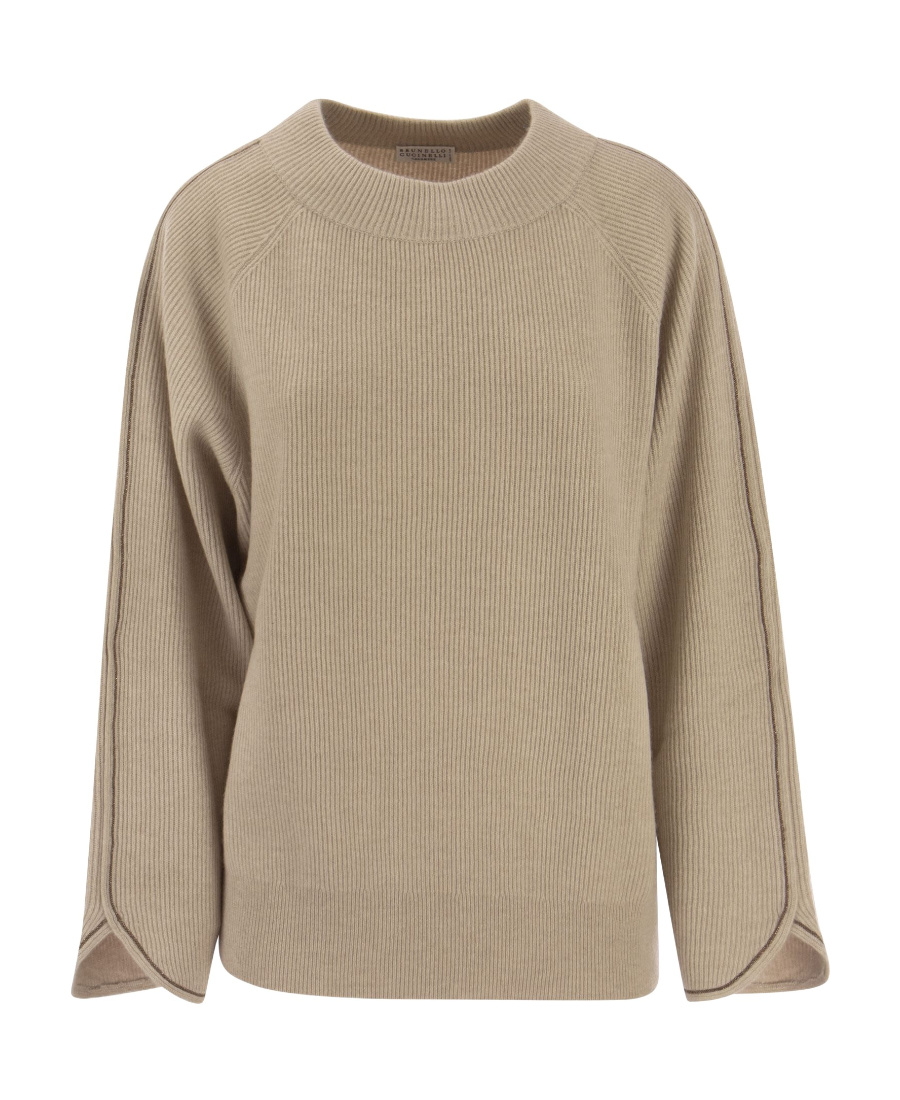 Brunello Cucinelli Cashmere Sweater With Monile In Beige