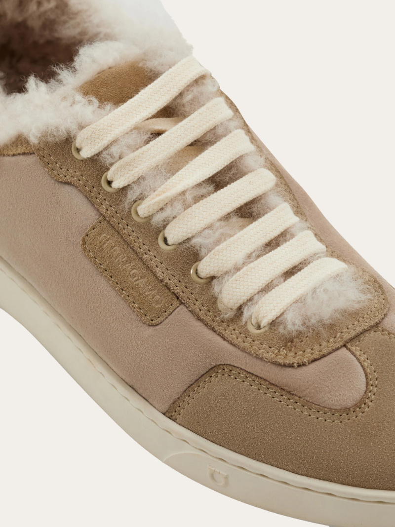 Ferragamo Low Cut Sneaker With Shearling Detail In Animal Print