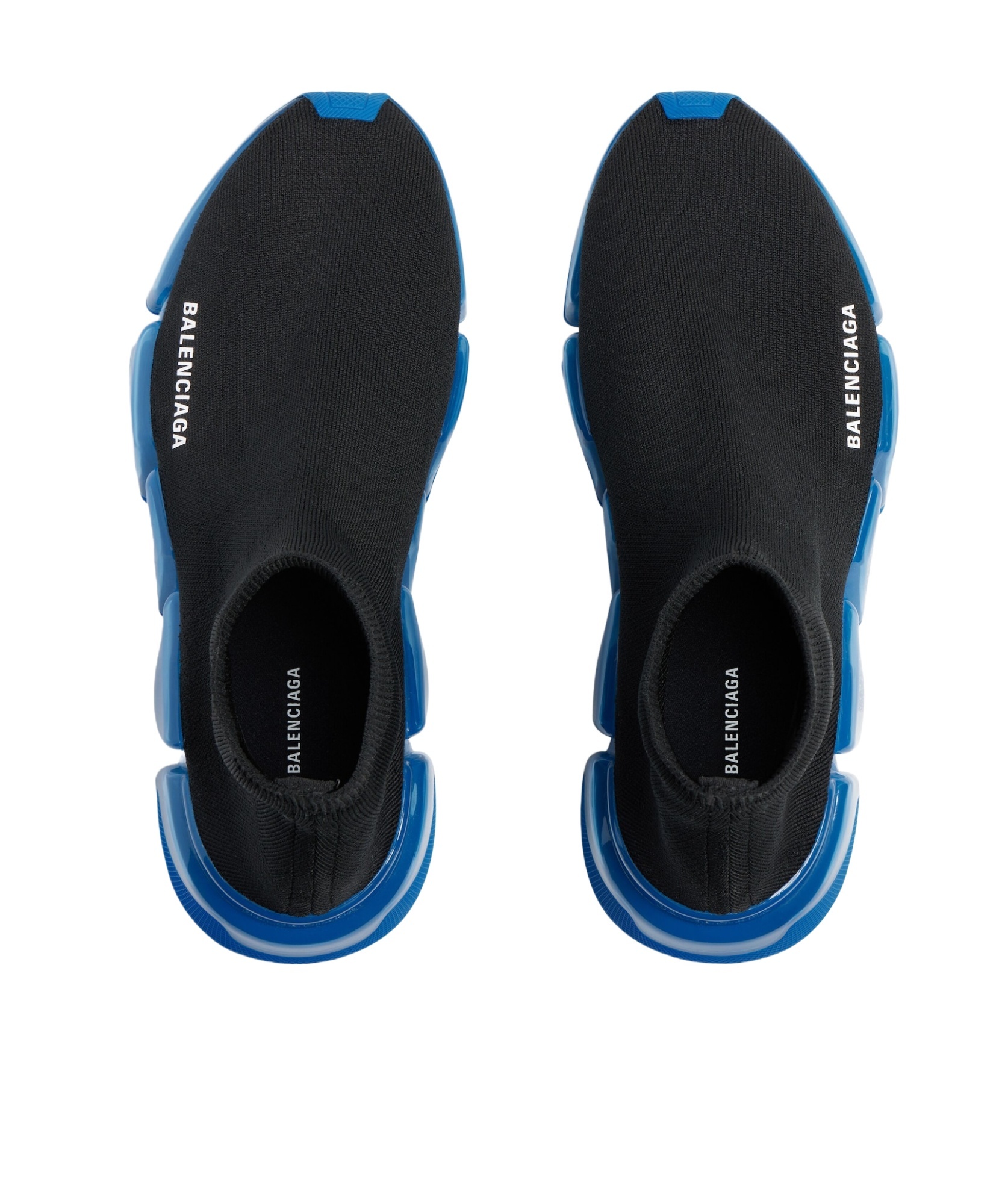 BALENCIAGA MEN'S SPEED 2.0 FULL CLEAR SOLE RECYCLED KNIT SNEAKER IN BLACK/BLUE