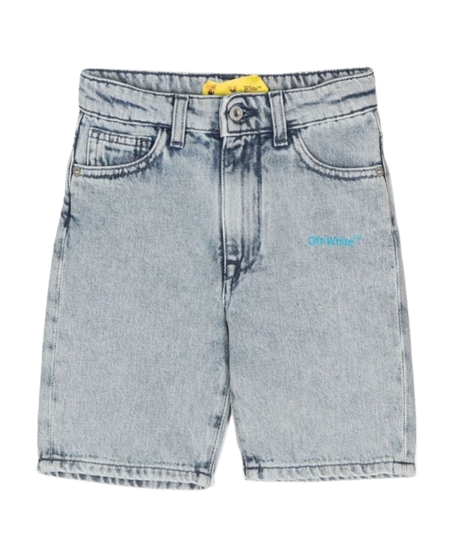 Off-white Diag-stripe Logo-print Denim Shorts In Gray