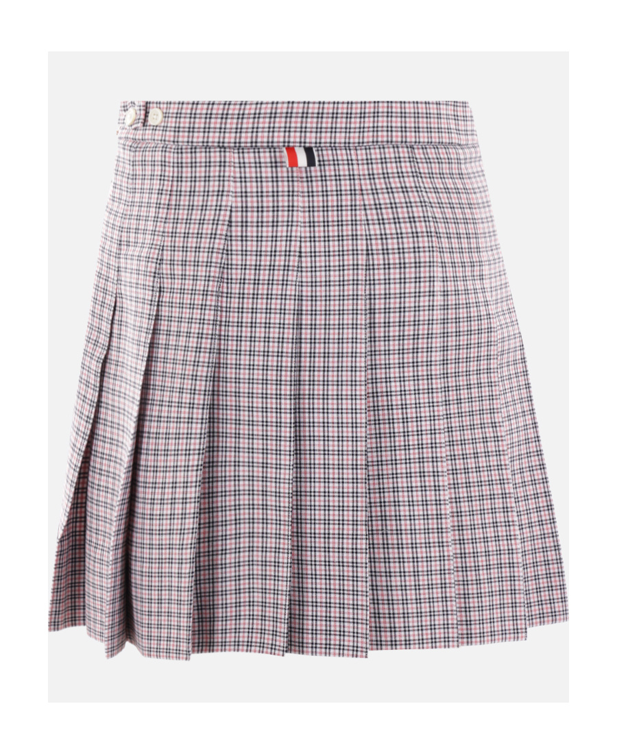 Thom Browne Check Printed Crepe Pleated Mini Skirt In Gray