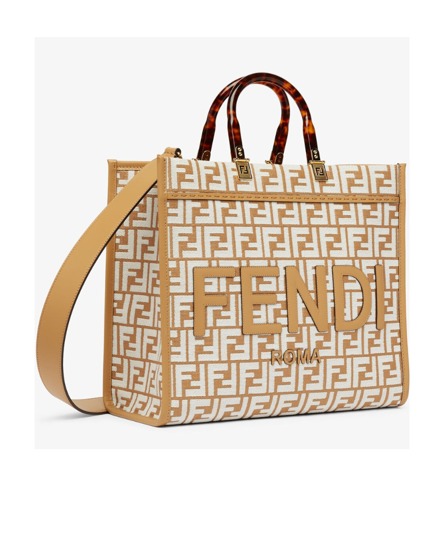Fendi Raffia Shopper Bag With White Tapestry Fabric Ff Motif In Nude