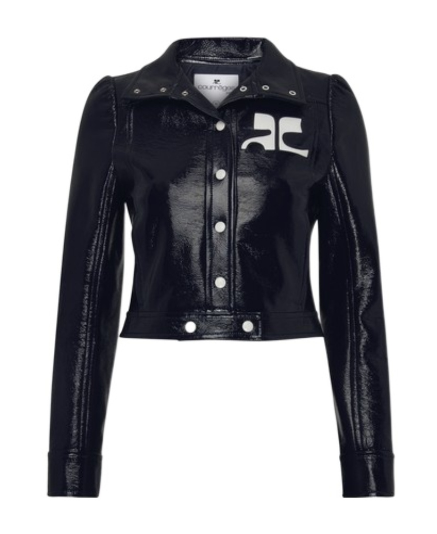 Shop Courrèges Long-sleeved Logo Leather Jacket In Black