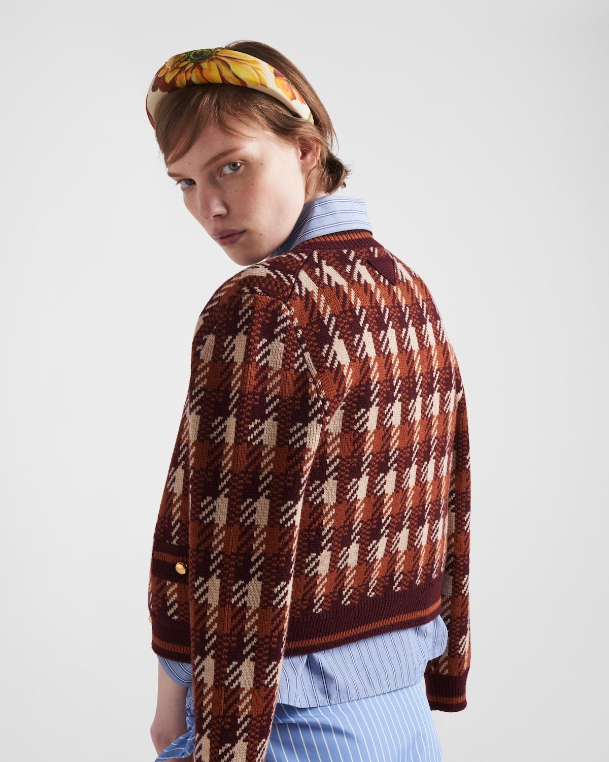 Prada Patterned Wool Cardigan In Brown