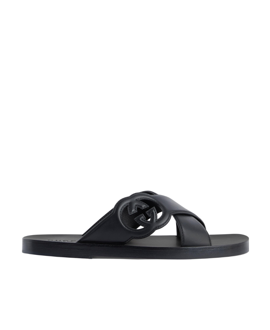 Gucci Gg-motif Leather Slippers In Black