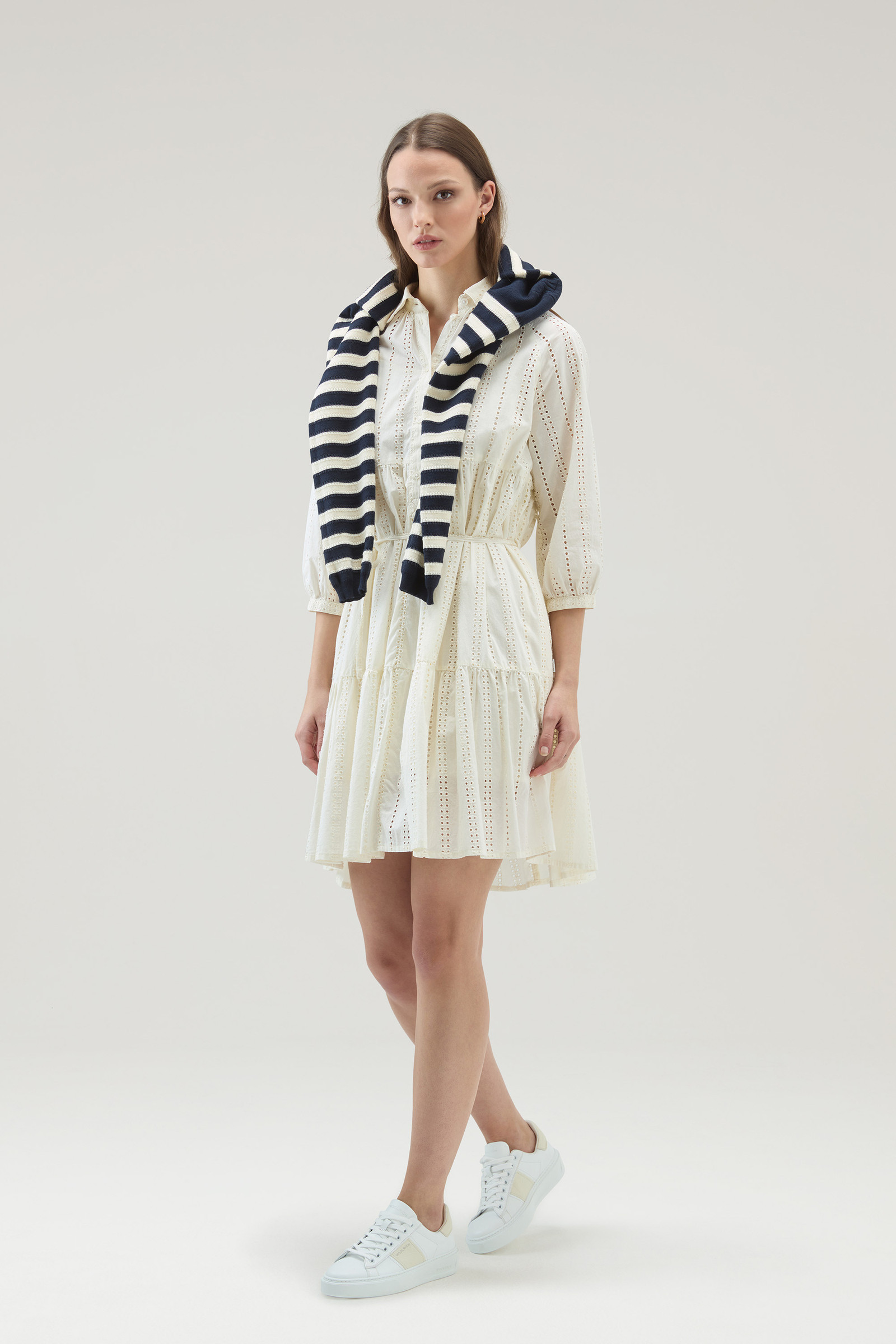 Woolrich Tiered Skirt Cotton Shirt Dress With Puff Sleeves In Nude