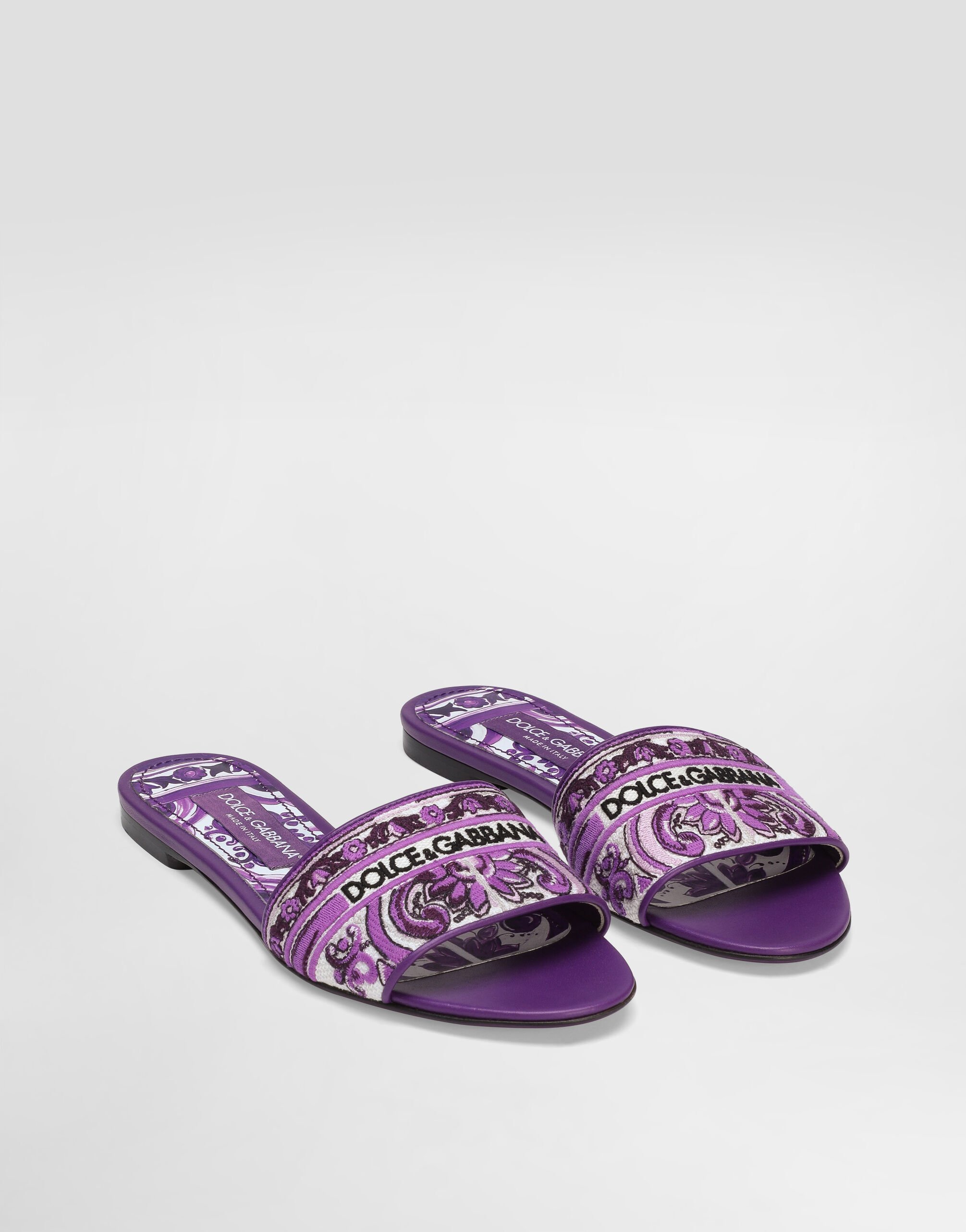 Dolce & Gabbana Violet Sandals With Logo Embroidery On The Front And All-over Majolica Motif In Cotton Blend Woman In Purple