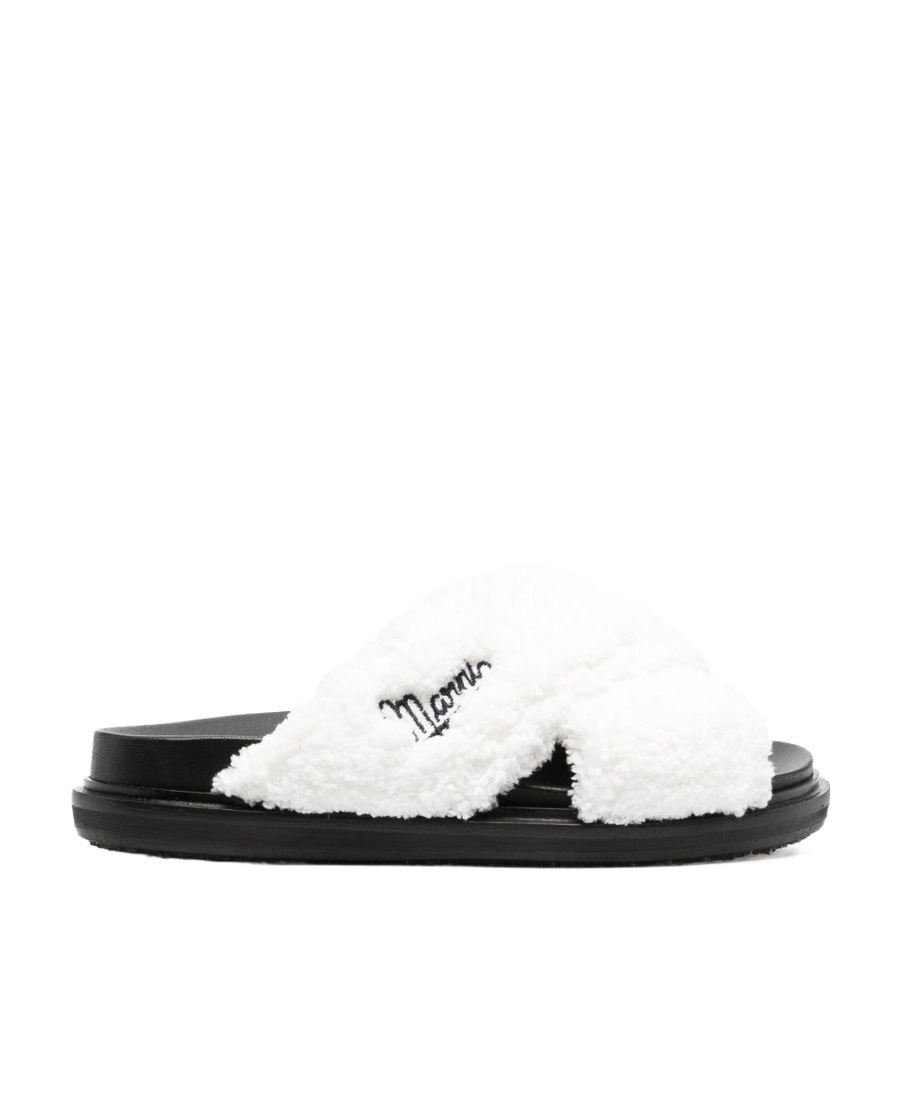 Marni Logo-embroidered Shearling Sandals In White