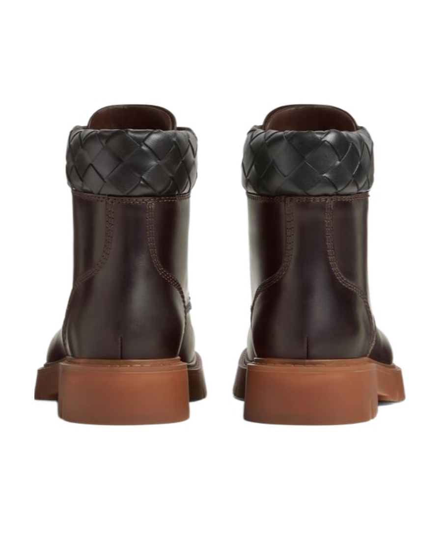 Bottega Veneta Haddock Calfskin Intrecciato Combat Booties In Brown