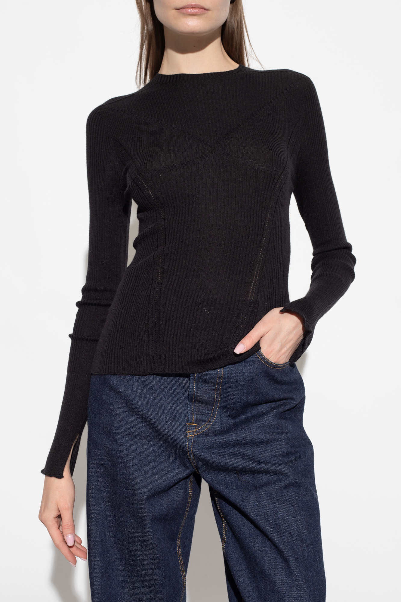 Lanvin Long-sleeve Ribbed-knit Top In Black