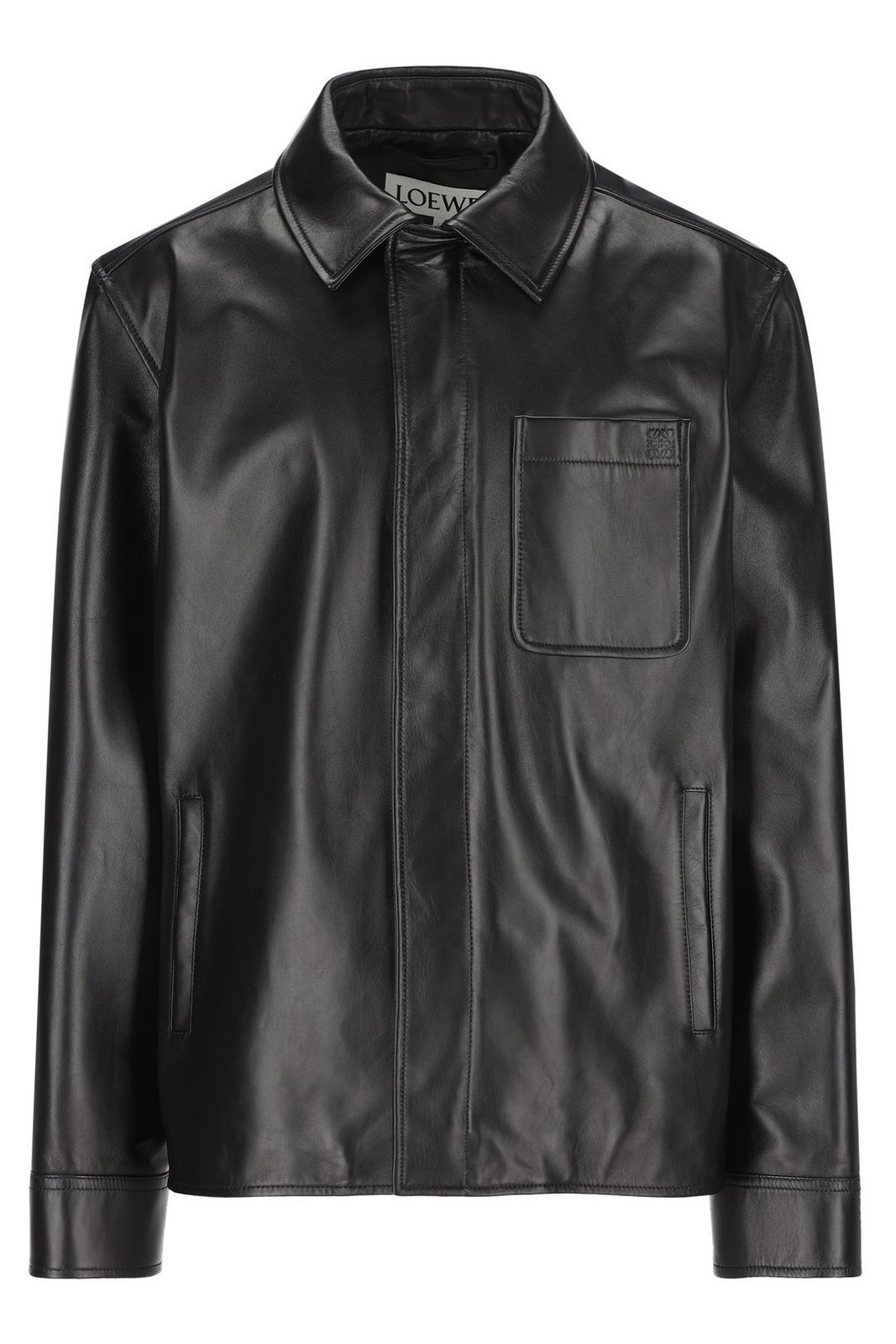 Loewe Anagram Leather Zip-up Overshirt In Black