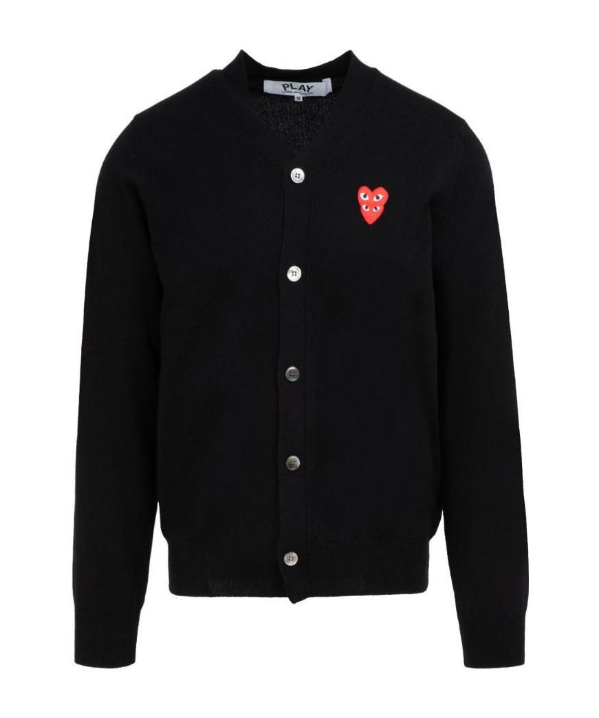 Comme Des Garçons Play Mens Cardigan Knit Black Wool Cardigan With Pixel Heart Patch. In Black