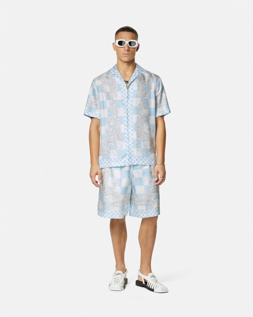 Versace Blue Barocco Checkerboard-print Shorts In White