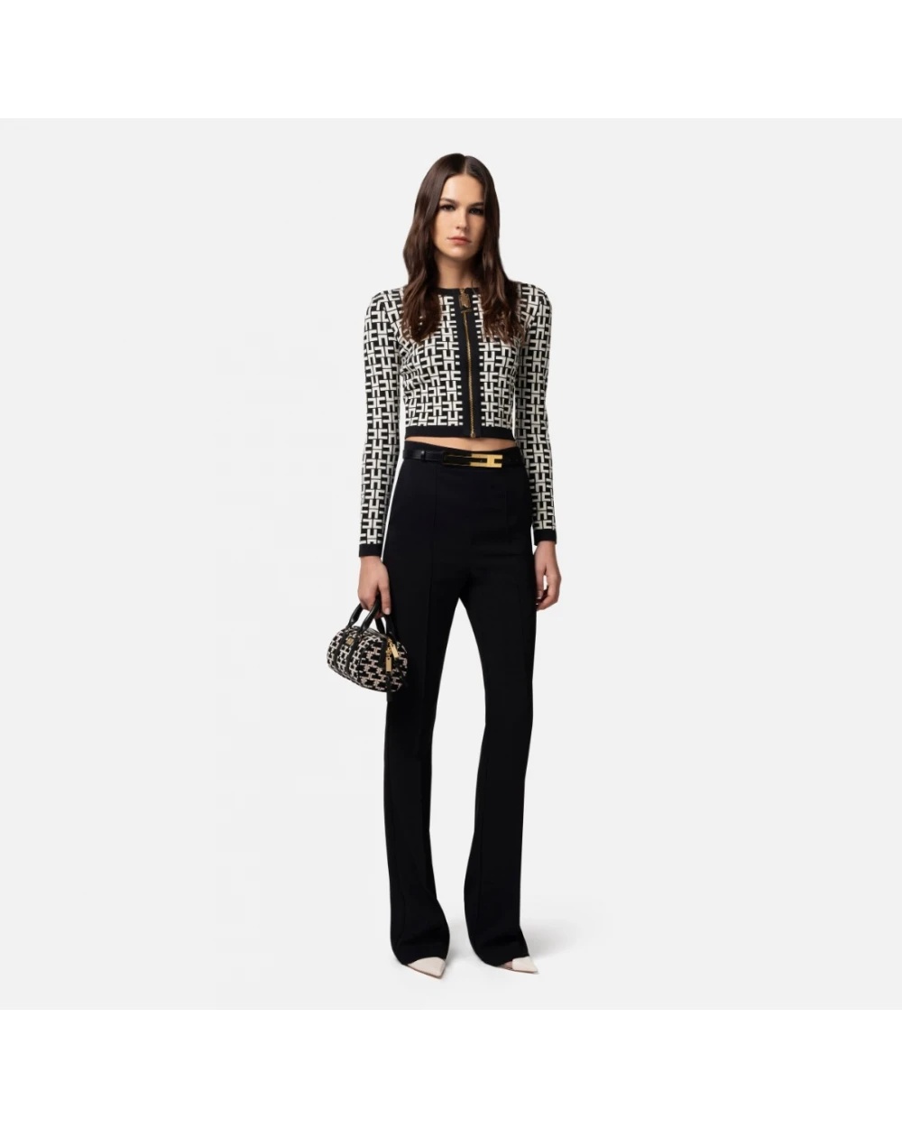 Shop Elisabetta Franchi Monogram-jacquard Zipped Cardigan In Black