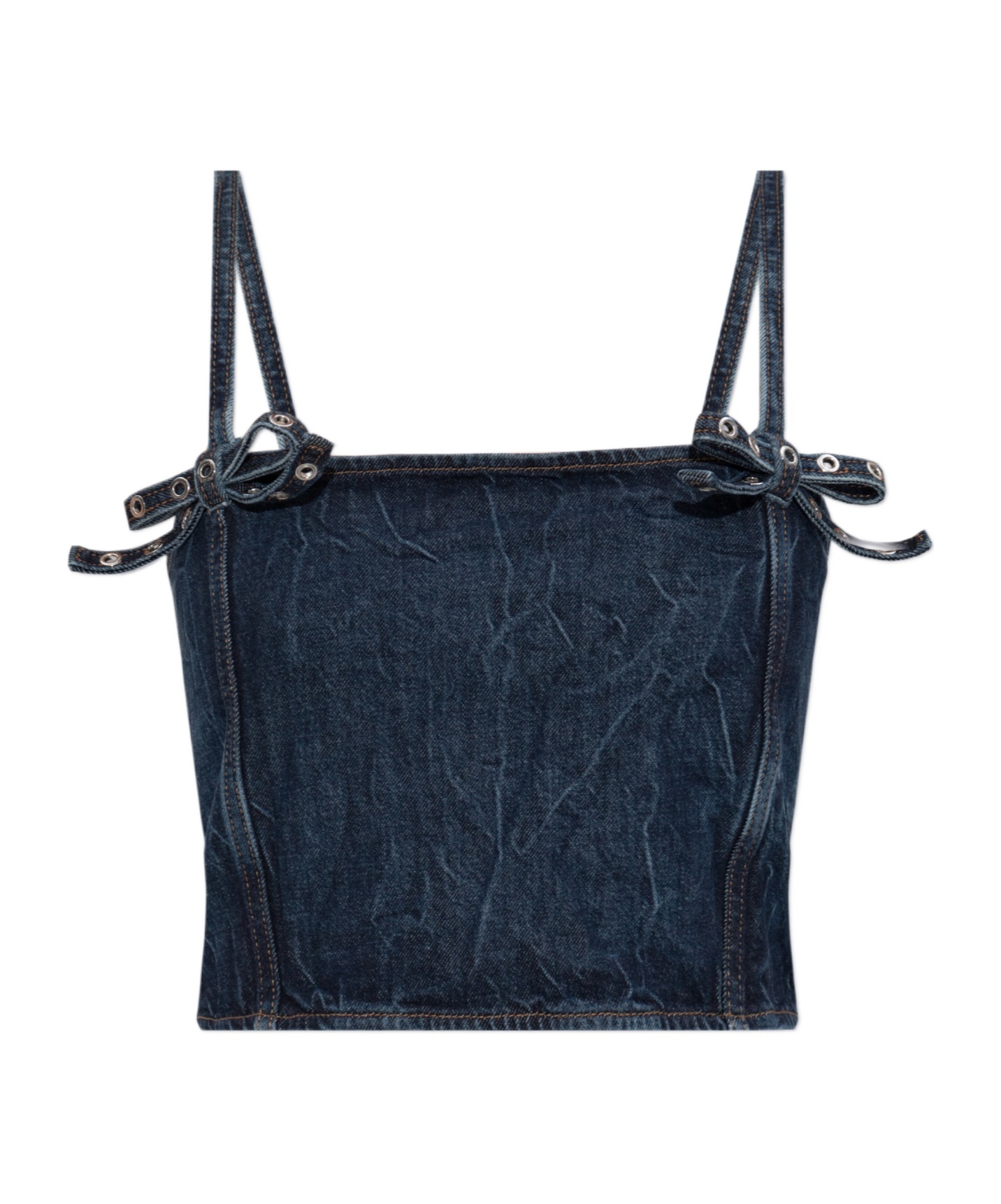 Ganni Crinkled Future Denim Strap Top Mid Blue Stone In Black