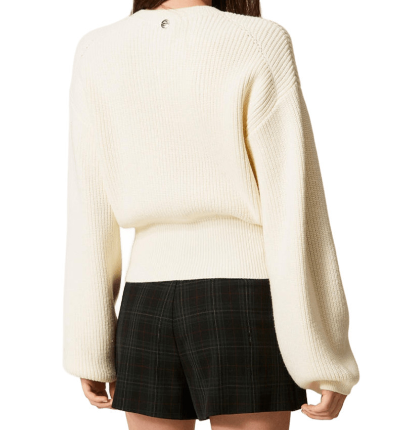 Twinset Ribbed Knit Sweater With Floral Embroidery In Neutral