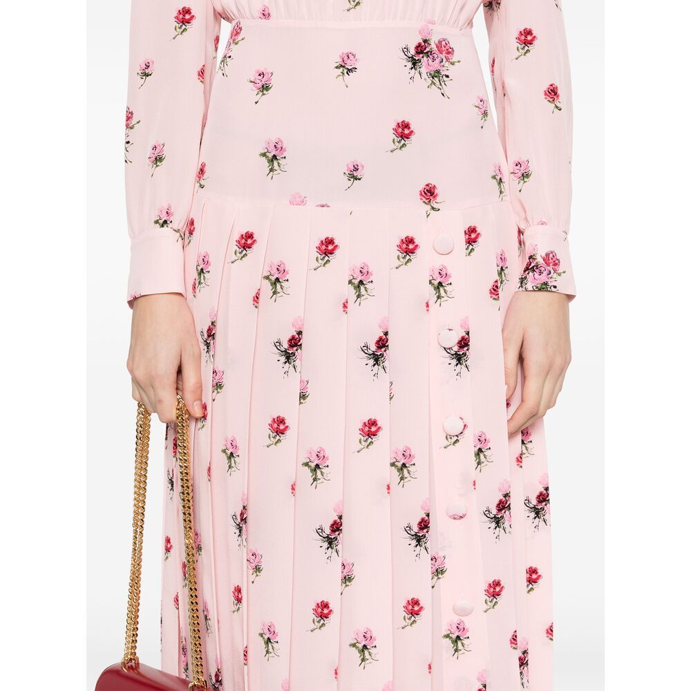 Alessandra Rich Bow-detailed Floral-print Silk Crepe De Chine Midi Dress In Pink