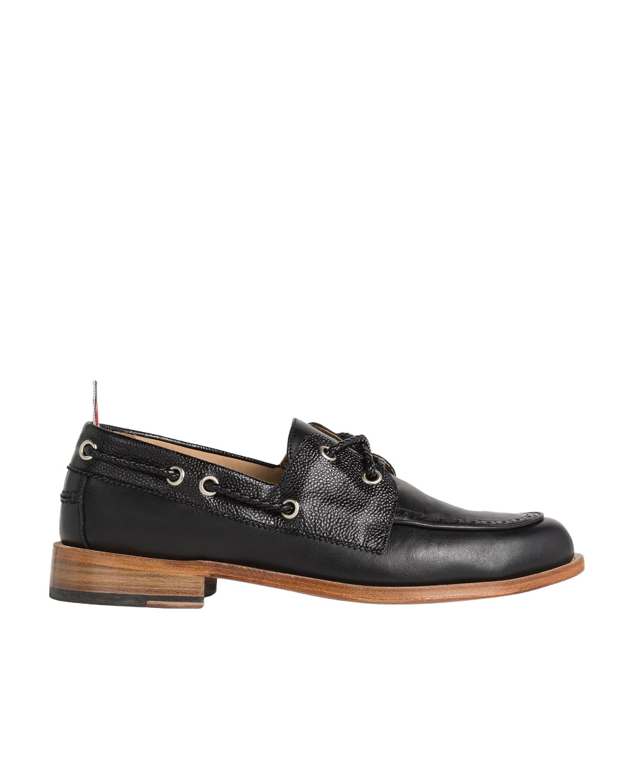 Thom Browne Polished Black Leather Loafers With Moc Toe Design And Lace Detail In Black