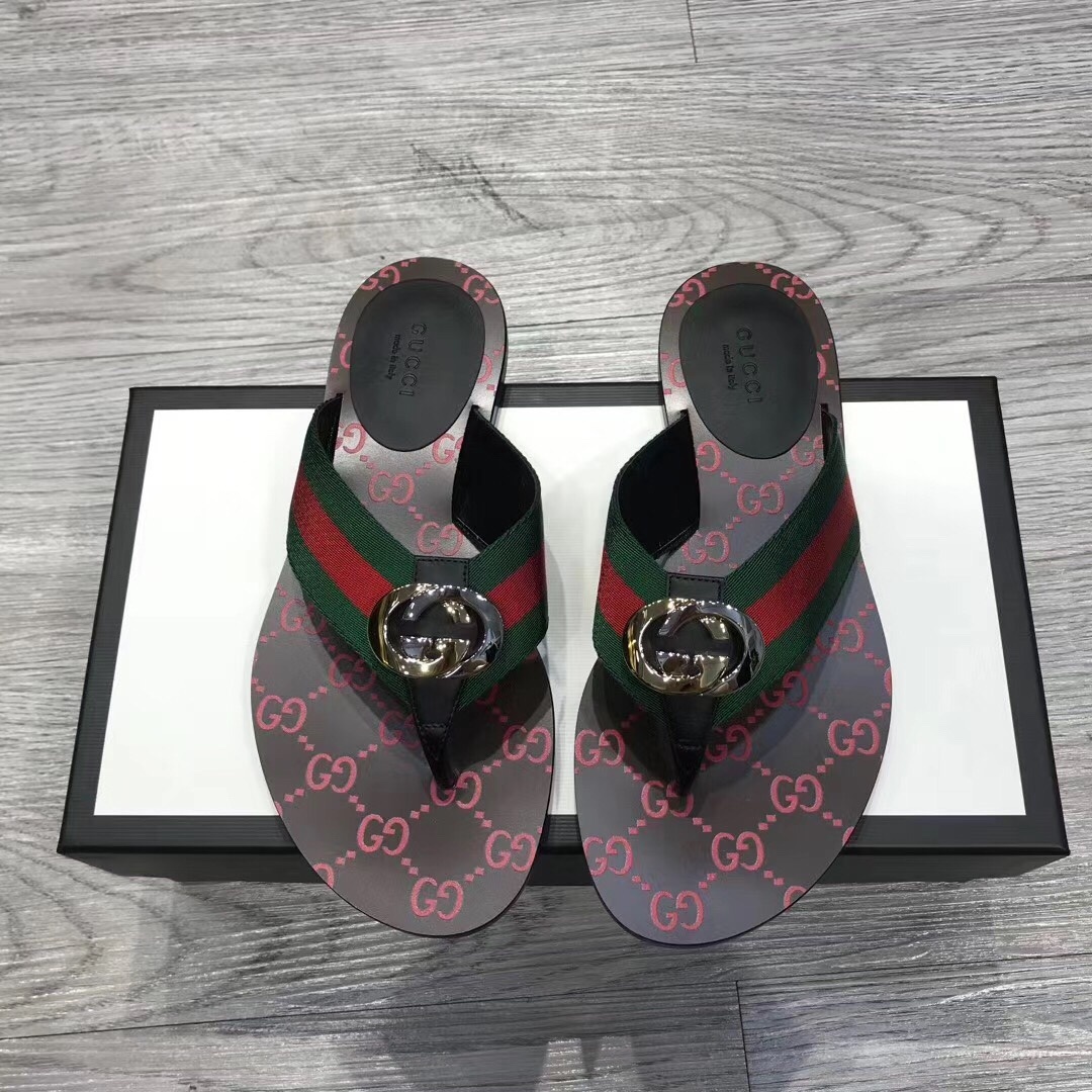Gucci Gg Web Leather Thong Sandals In Black