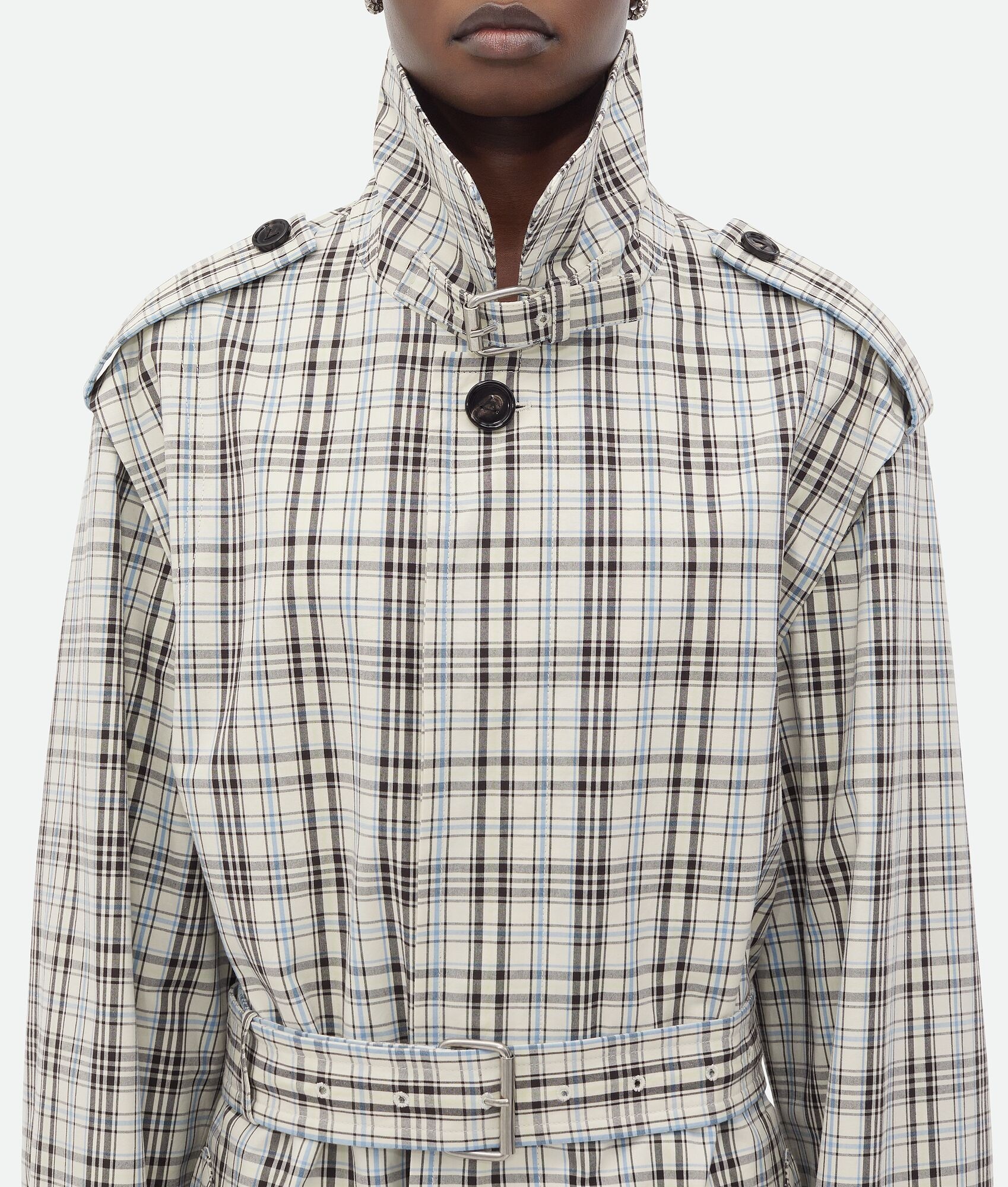 Shop Bottega Veneta Checked Cotton Trench Coat In Chalk Color/fudge Color/yellow