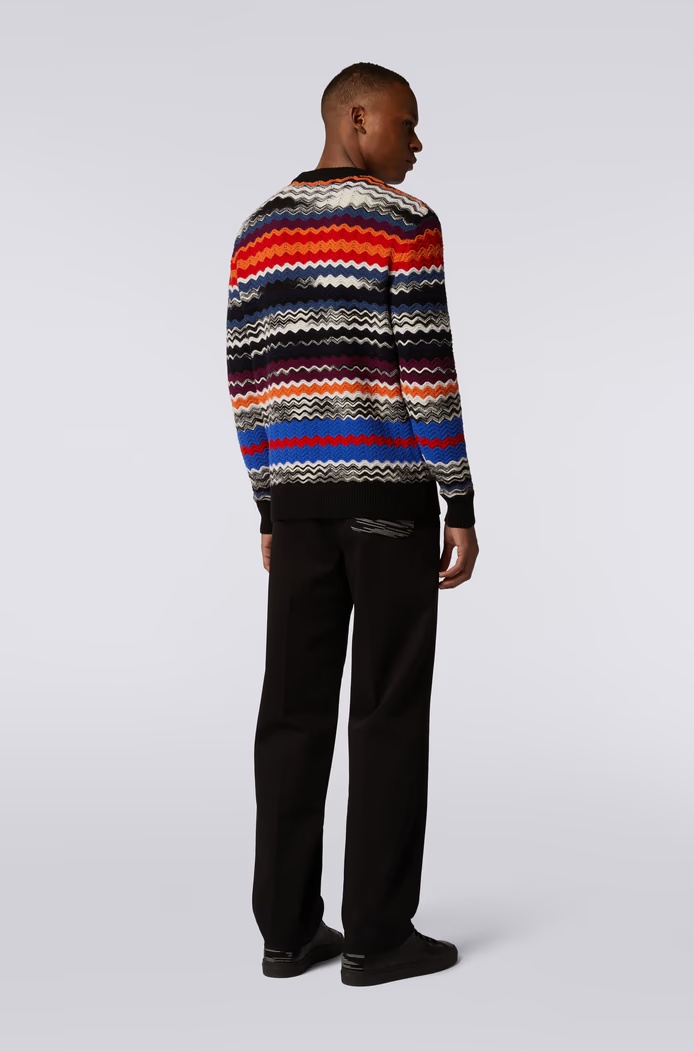 Missoni Crew-neck Sweater With Multicolor Herringbone Motif In Black