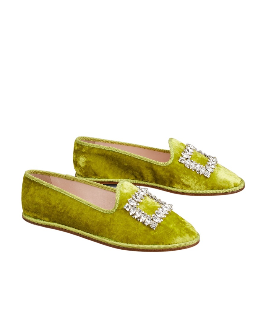 Shop Roger Vivier Babby Viv' Strass Embroidered Buckle Velvet Loafers In Green