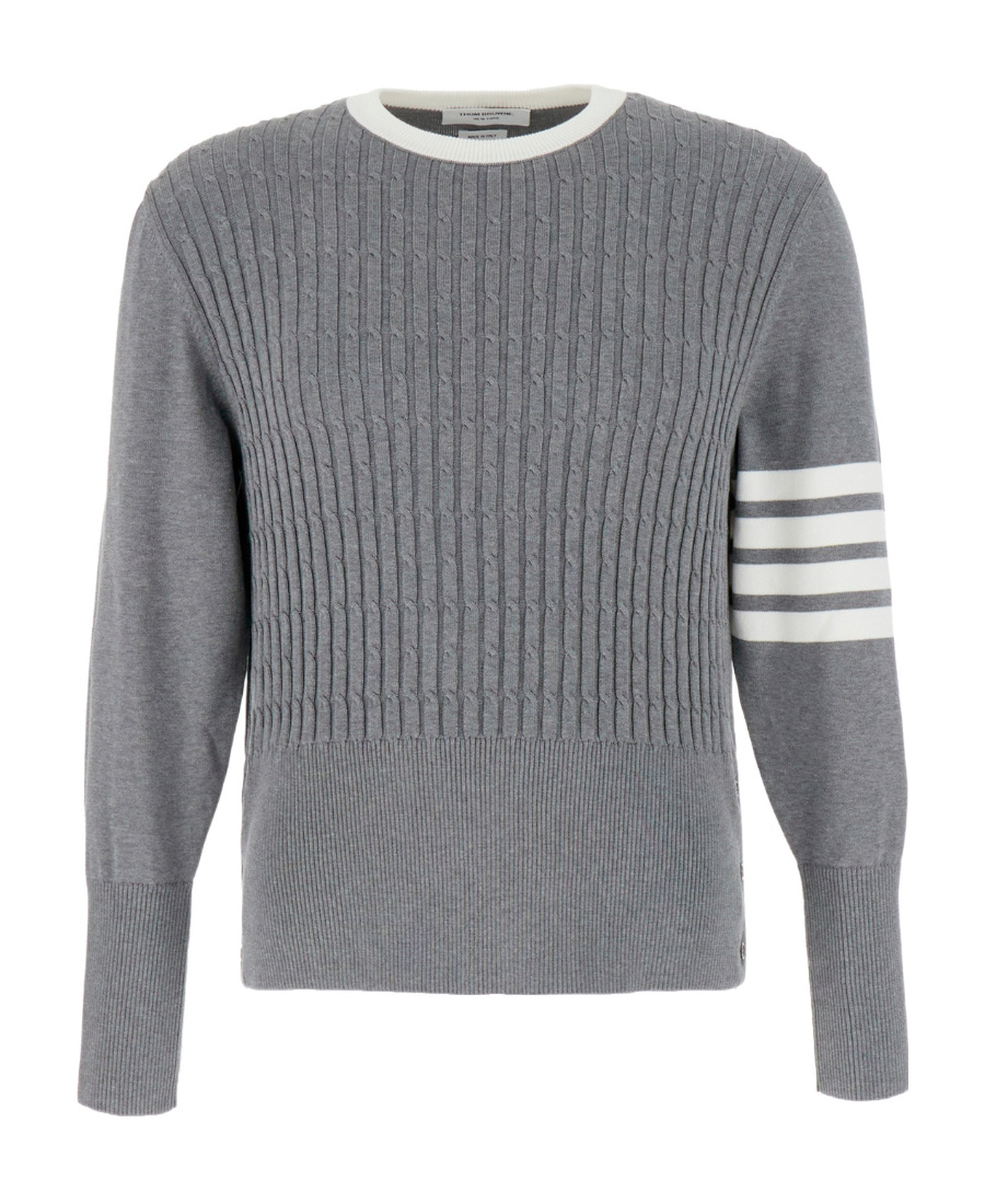 Thom Browne Placed Baby Cable 4-bar Cotton Sweater In Gray
