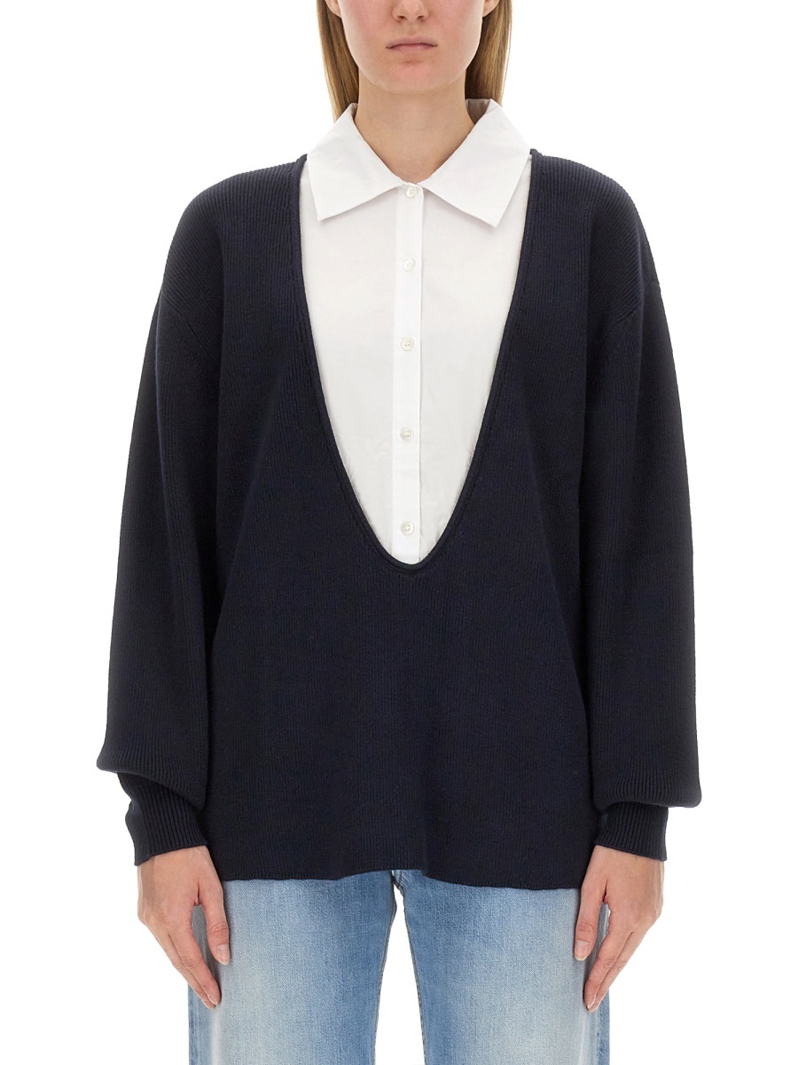 Shop Staud Stitched Shirt Collar Sweater In Black