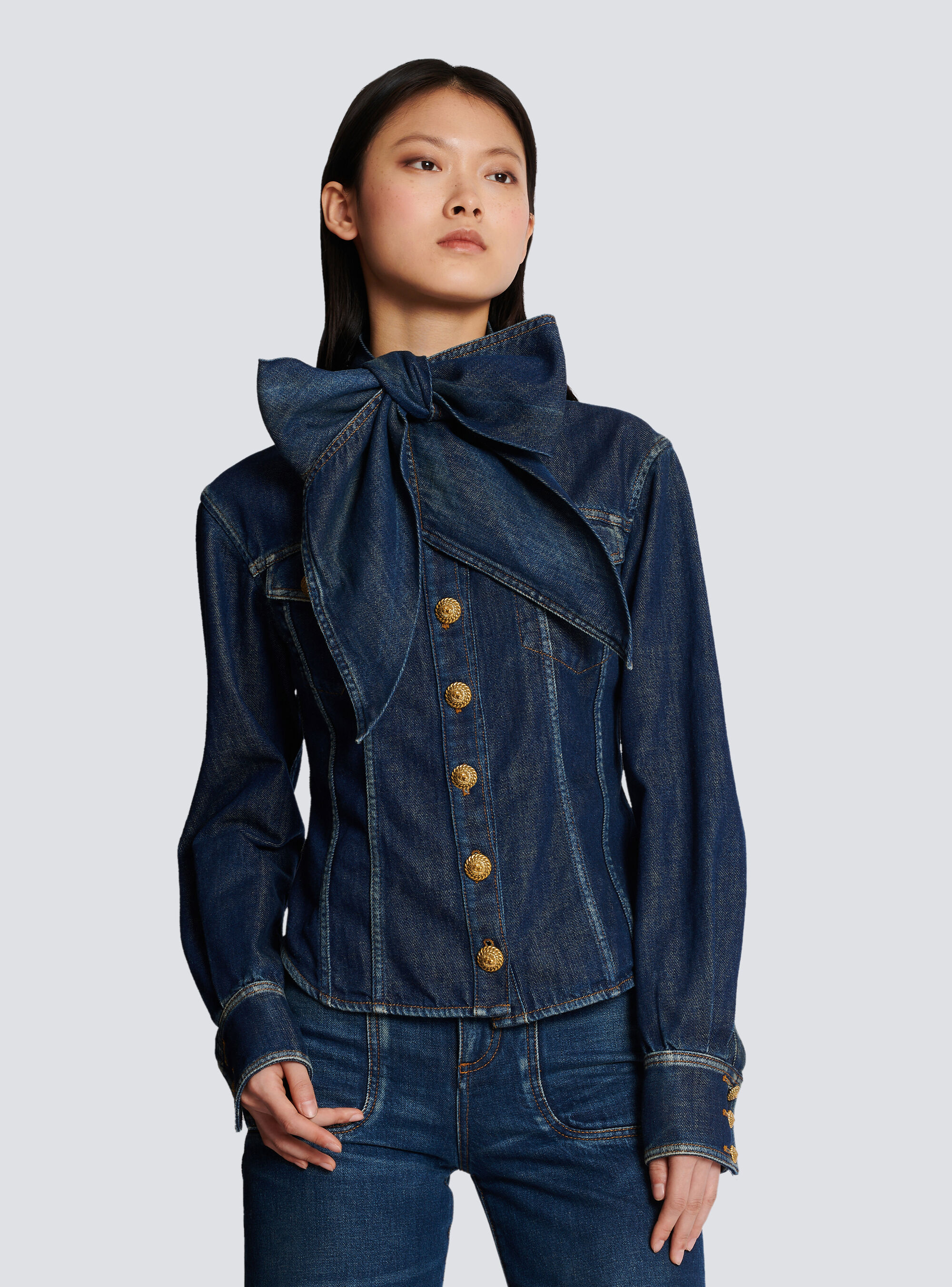 Balmain Pussy-bow Denim Shirt In Blue