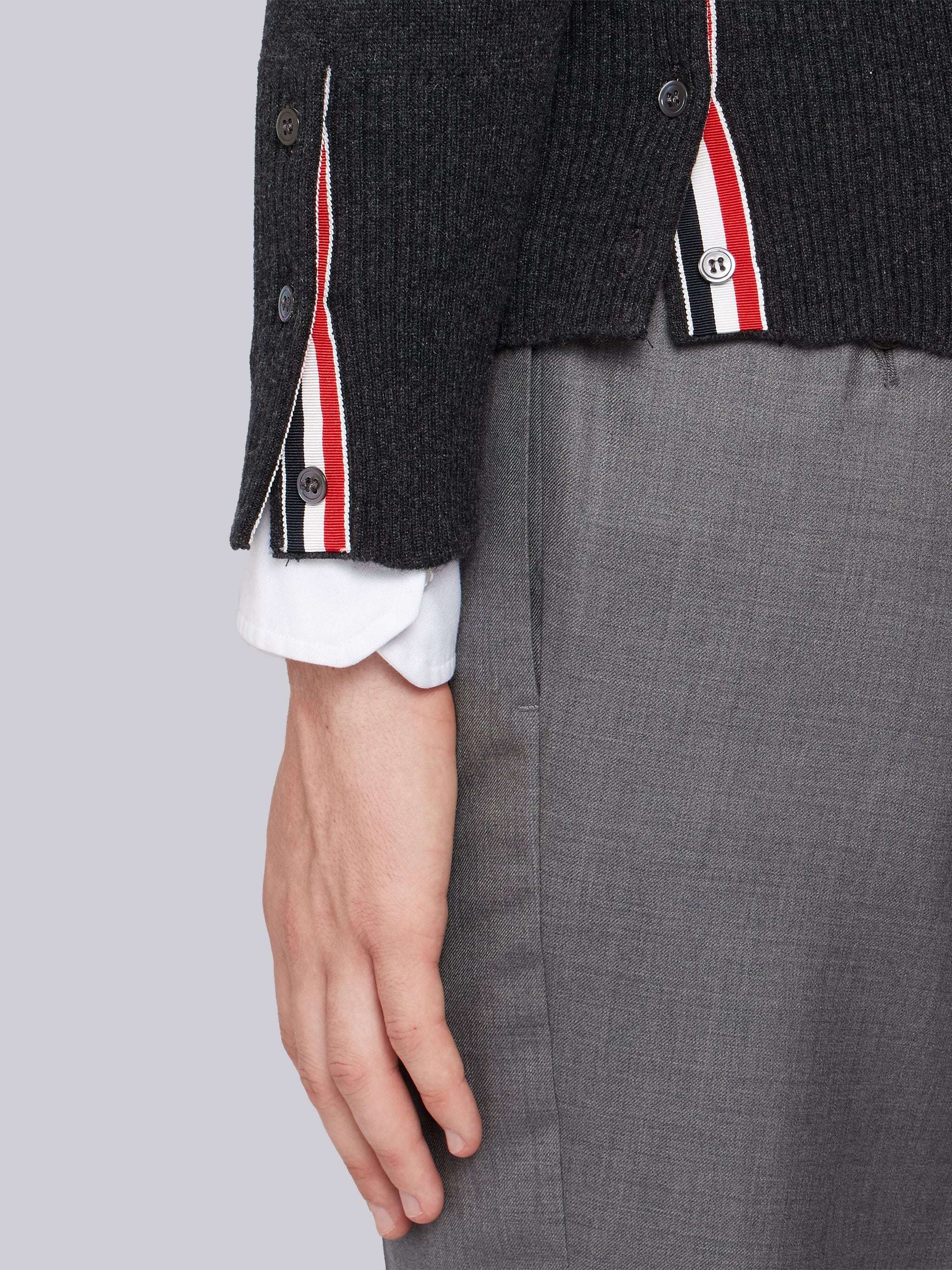 Thom Browne Ribbed Hem Crewneck Striped Sleeve Button Cuffs In Black
