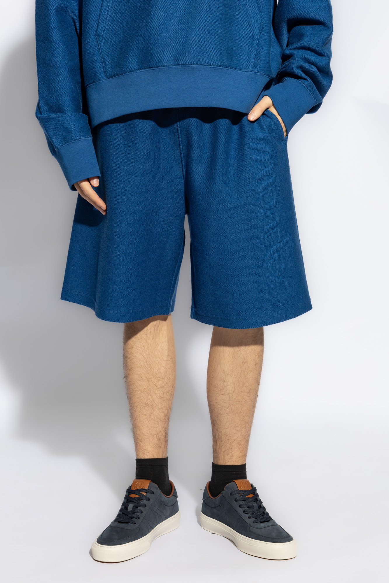 Moncler Drawstring Knee High Shorts In Blue
