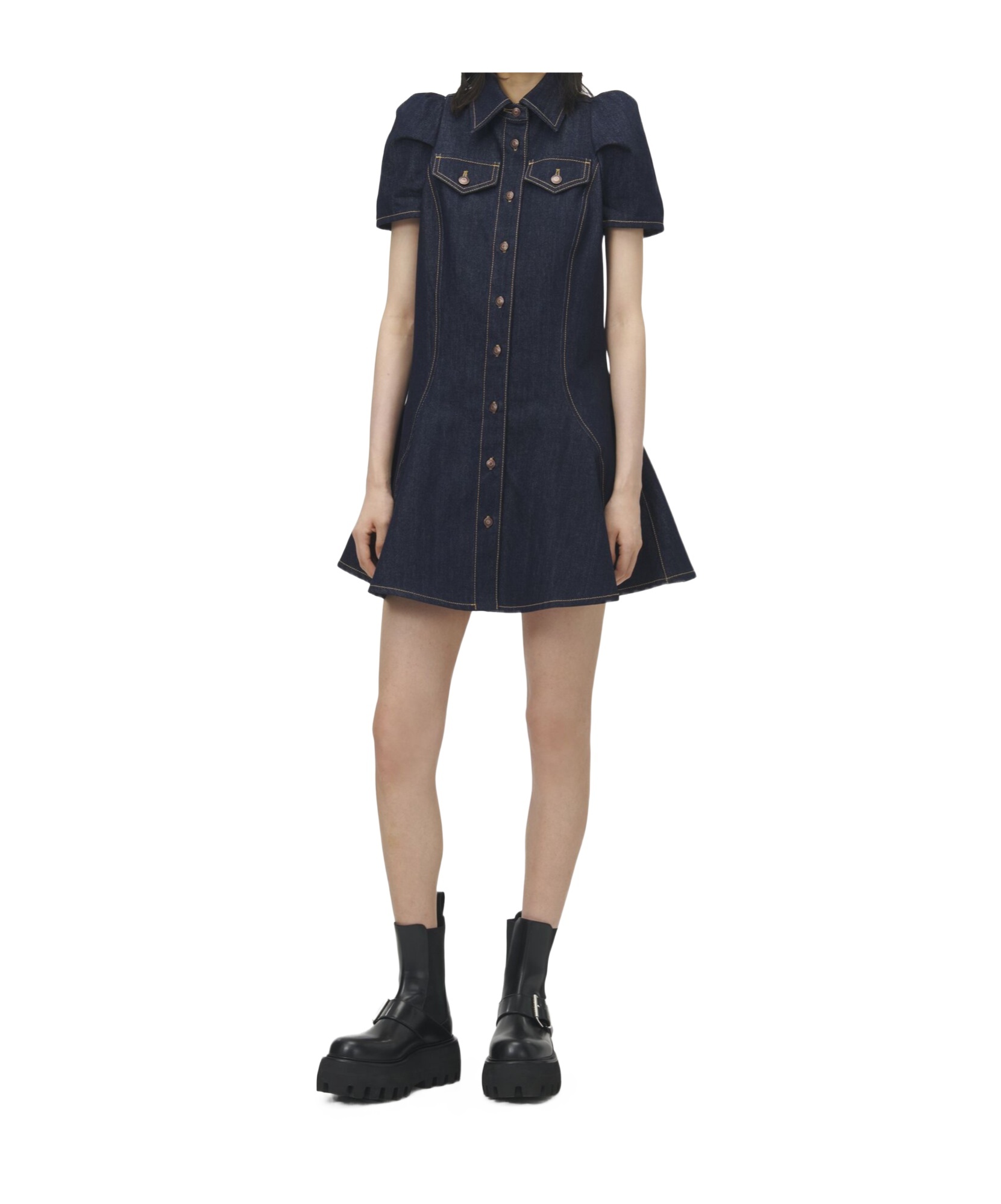 Alexander Mcqueen Puff-sleeve Button-front Denim Dress In Blue