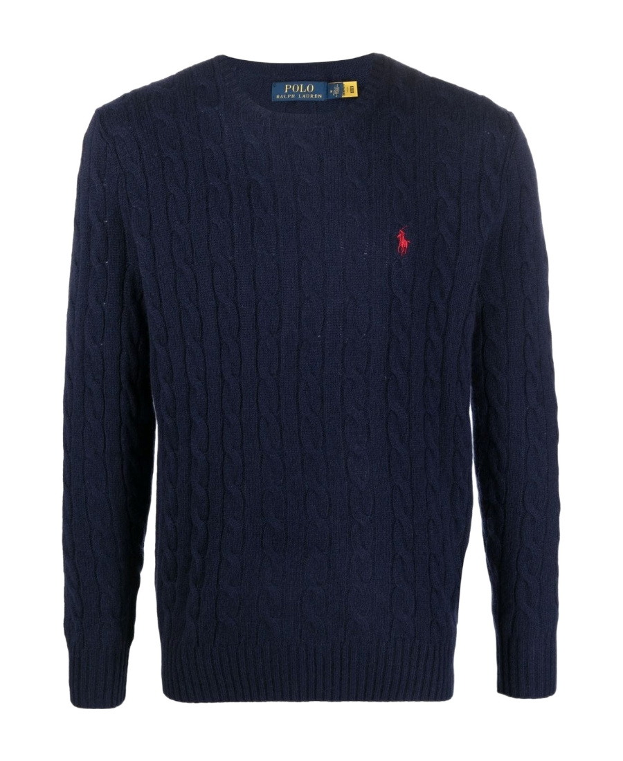 Polo Ralph Lauren Blue Cable Knit Crewneck Sweater With Pony Embroidery On The Front In Wool And Cashmere Man
