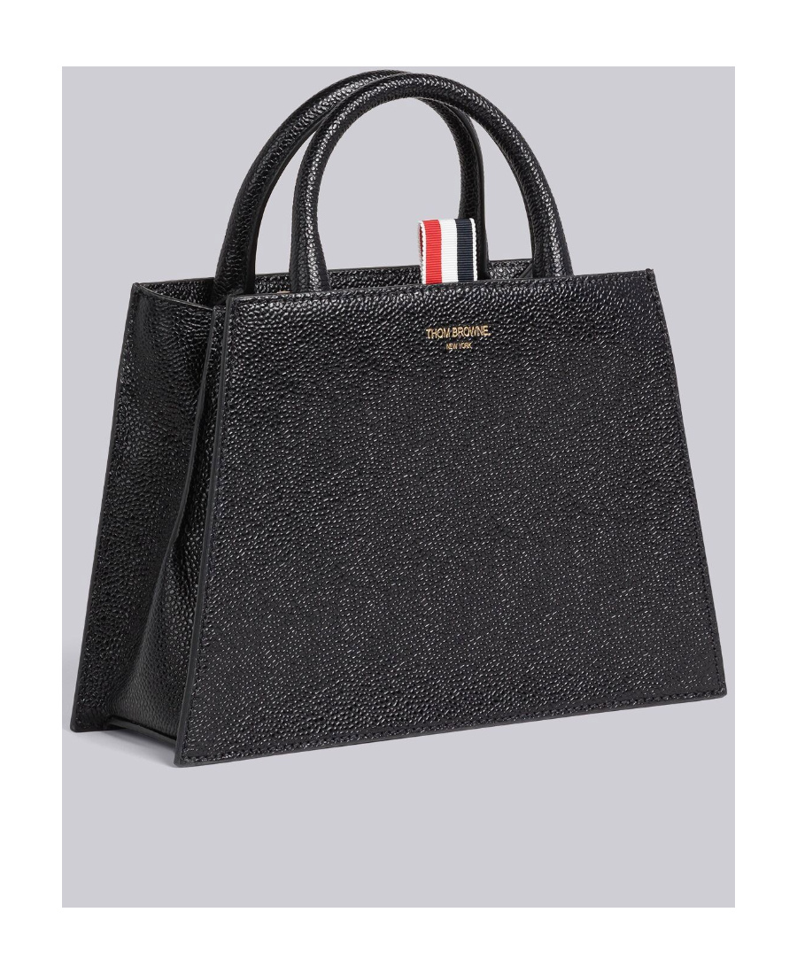 Thom Browne Logo Print Grained Leather Tote Bag In Black