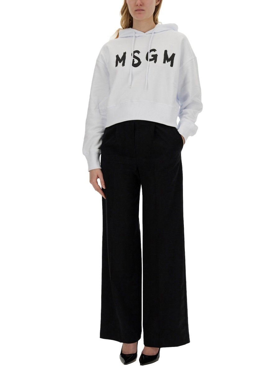 Msgm Logo Hooded Sweatshirt Ribbed Cuffs In White