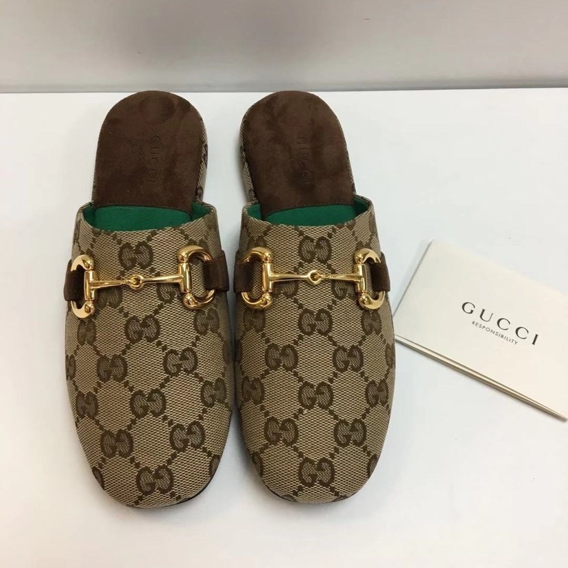 Gucci Monogram Pattern Horsebit Mules In Nude