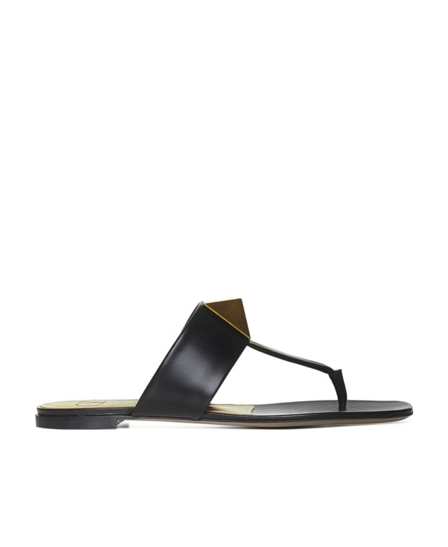 Valentino One Stud Leather Flat Sandals In Black