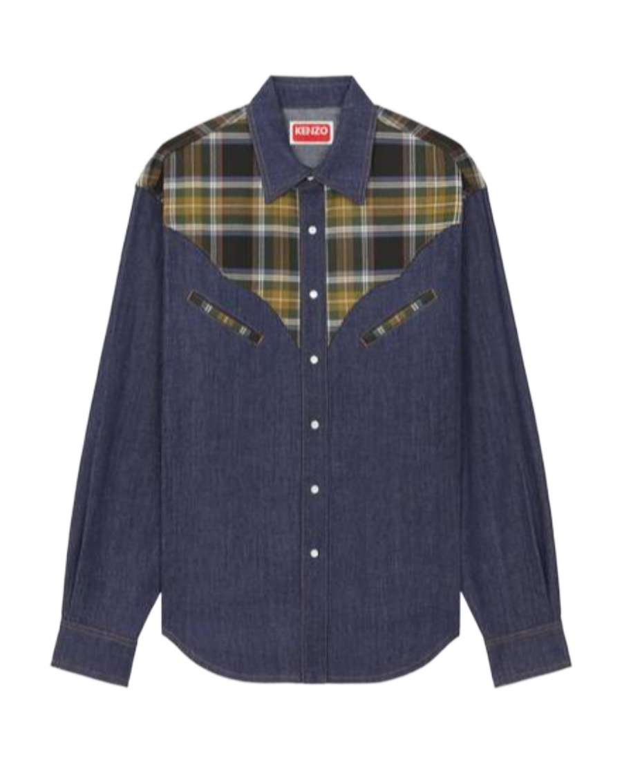 Kenzo Checked-panel Denim Shirt In Black