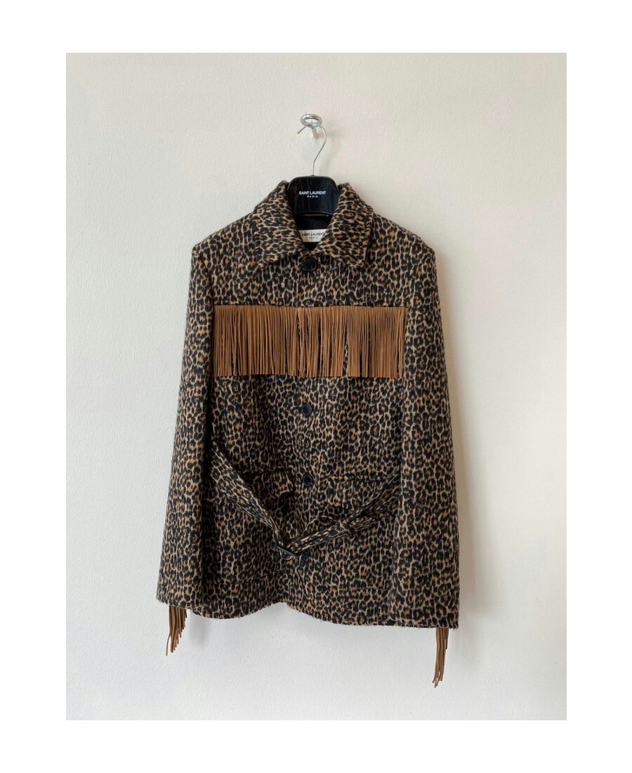 Saint Laurent Belted Fringed Leopard Wool-blend Jacquard Jacket In Black