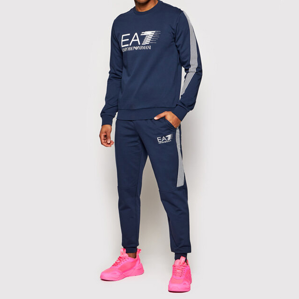 Ea7 Round Collar Long Sleeve Sweater In Blue