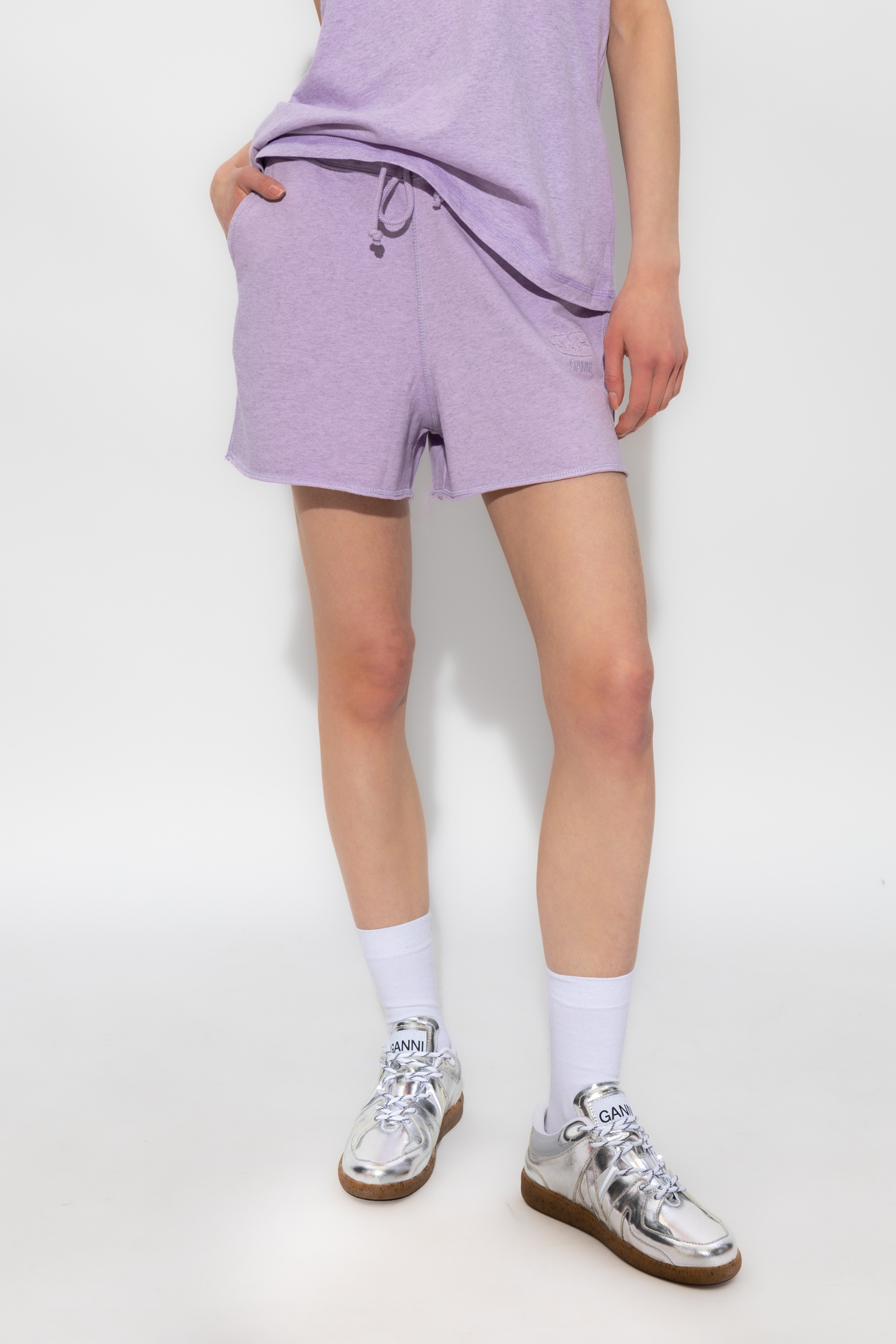Ganni Drawstring-waist Organic-cotton Shorts In Purple