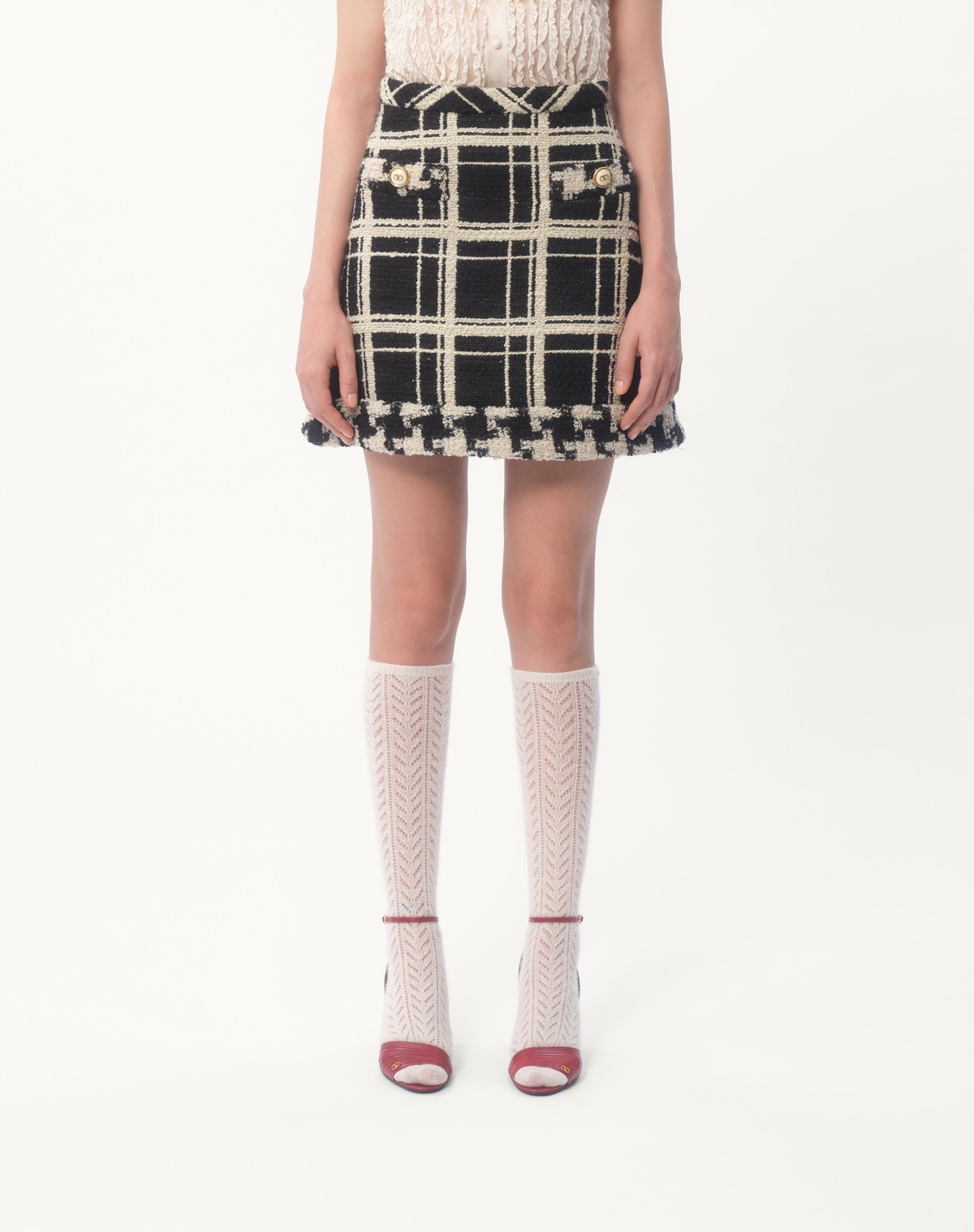 Valentino Womens Nero Avorio Tweed Check-print Wool-blend Mini Skirt In Black