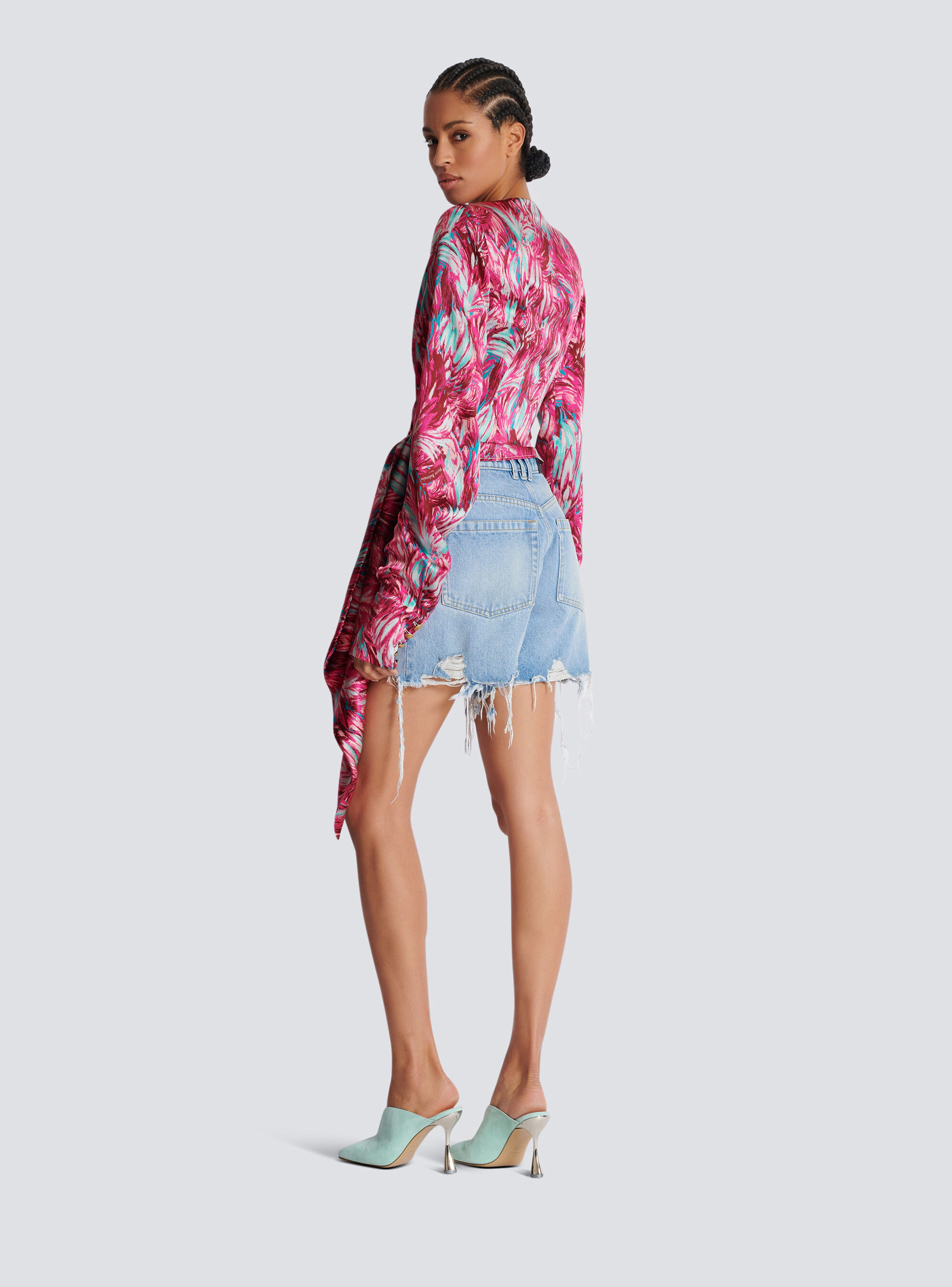 Balmain Feather-print Silk Blouse In Red