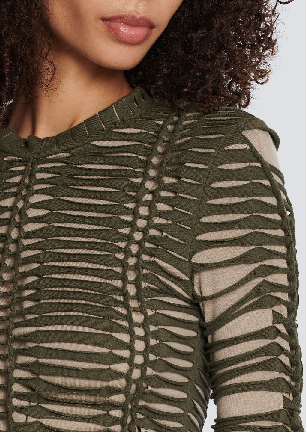 Balmain Two-tone Laser-cut T-shirt In Brown