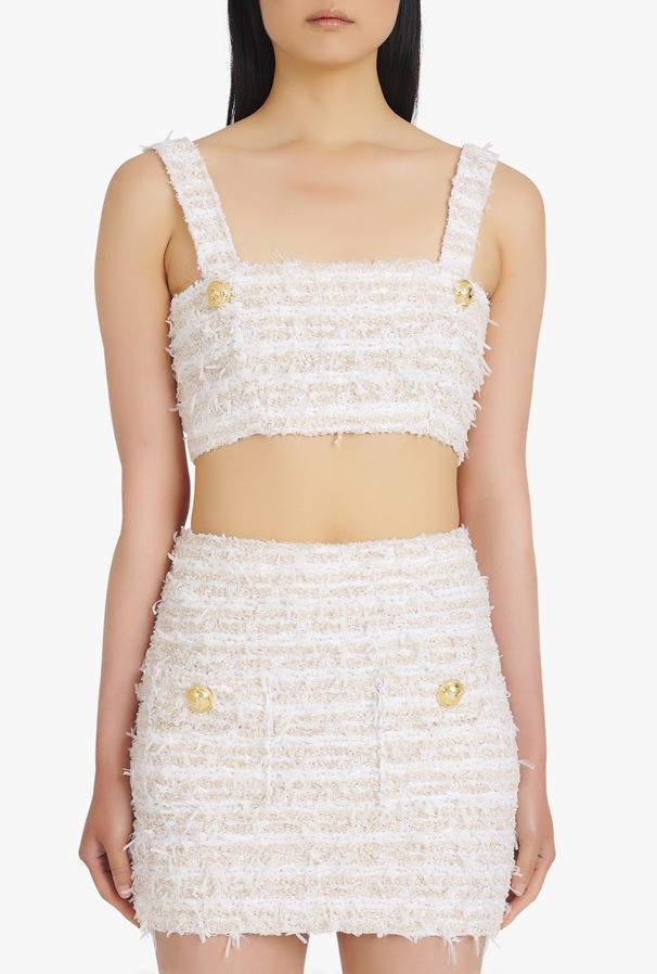BALMAIN WHITE TWEED SPORTS BRA CROP TOP