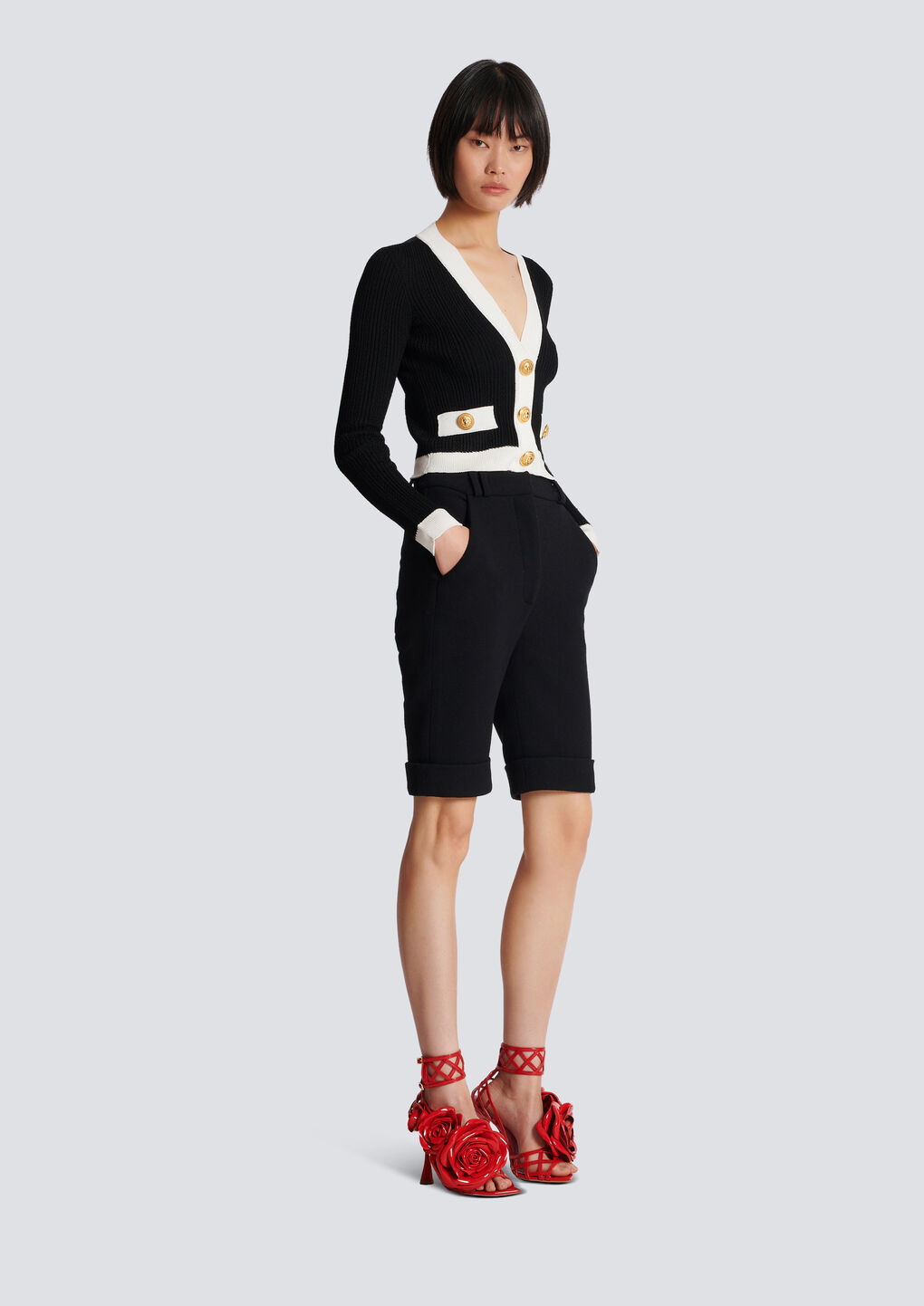 Balmain Contrast-border Ribbed Knit Cardigan In Black