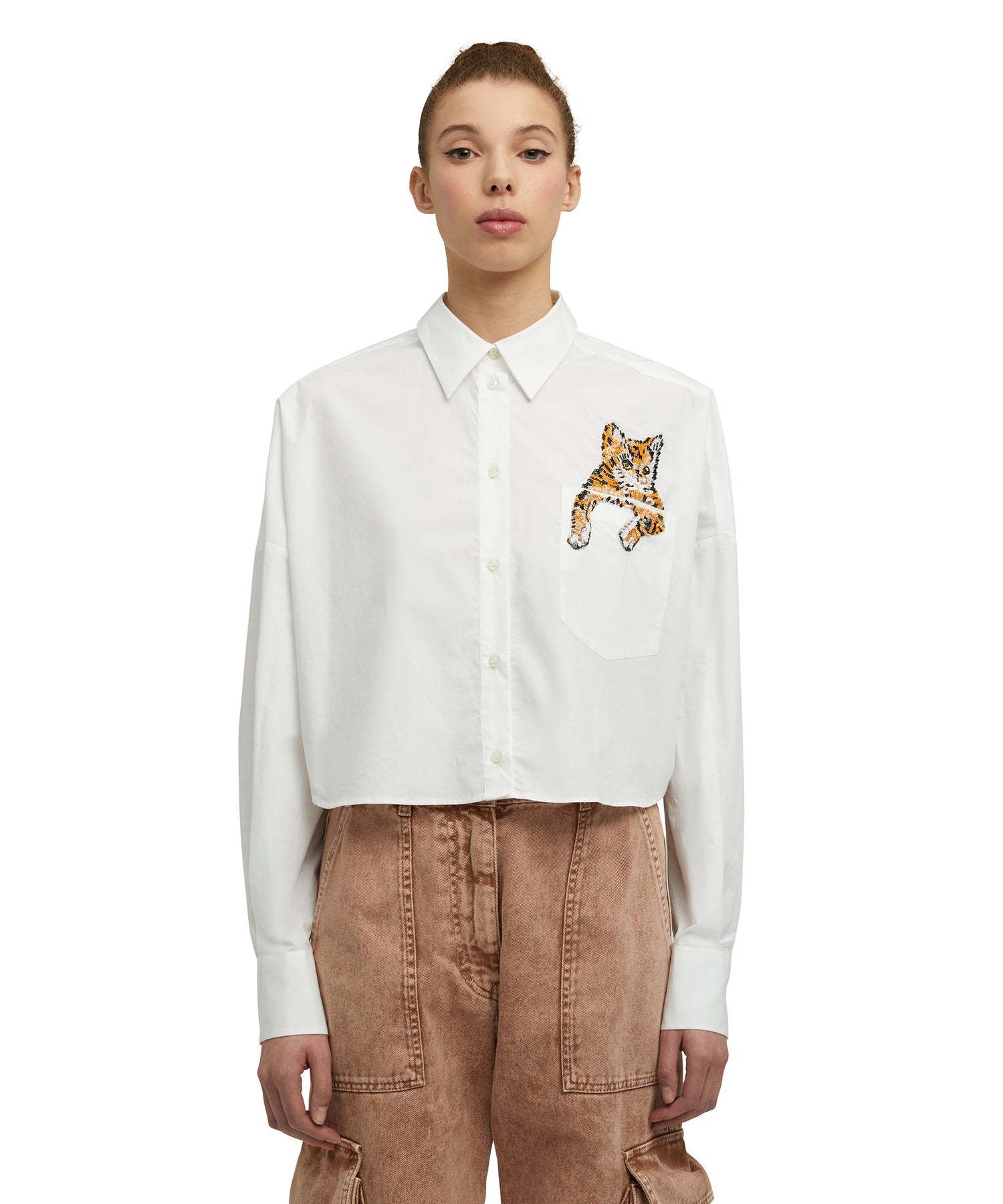 Msgm Sequin-embellished Cat Cotton Shirt In White