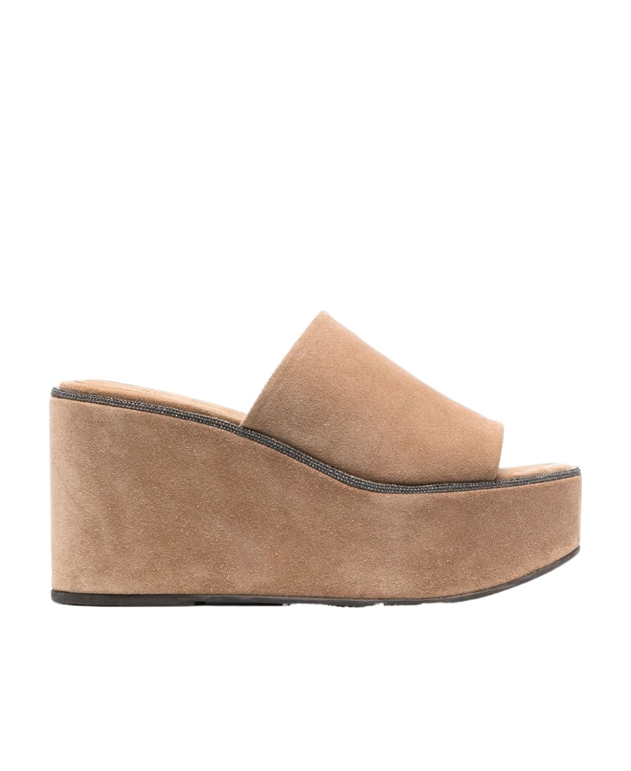 Brunello Cucinelli Suede Monili Platform Slide Sandals In Brown