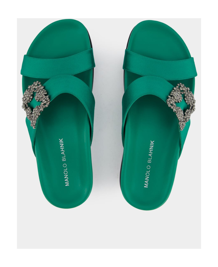 Manolo Blahnik Chilanghi Crystal Buckle Slide Sandals In Green